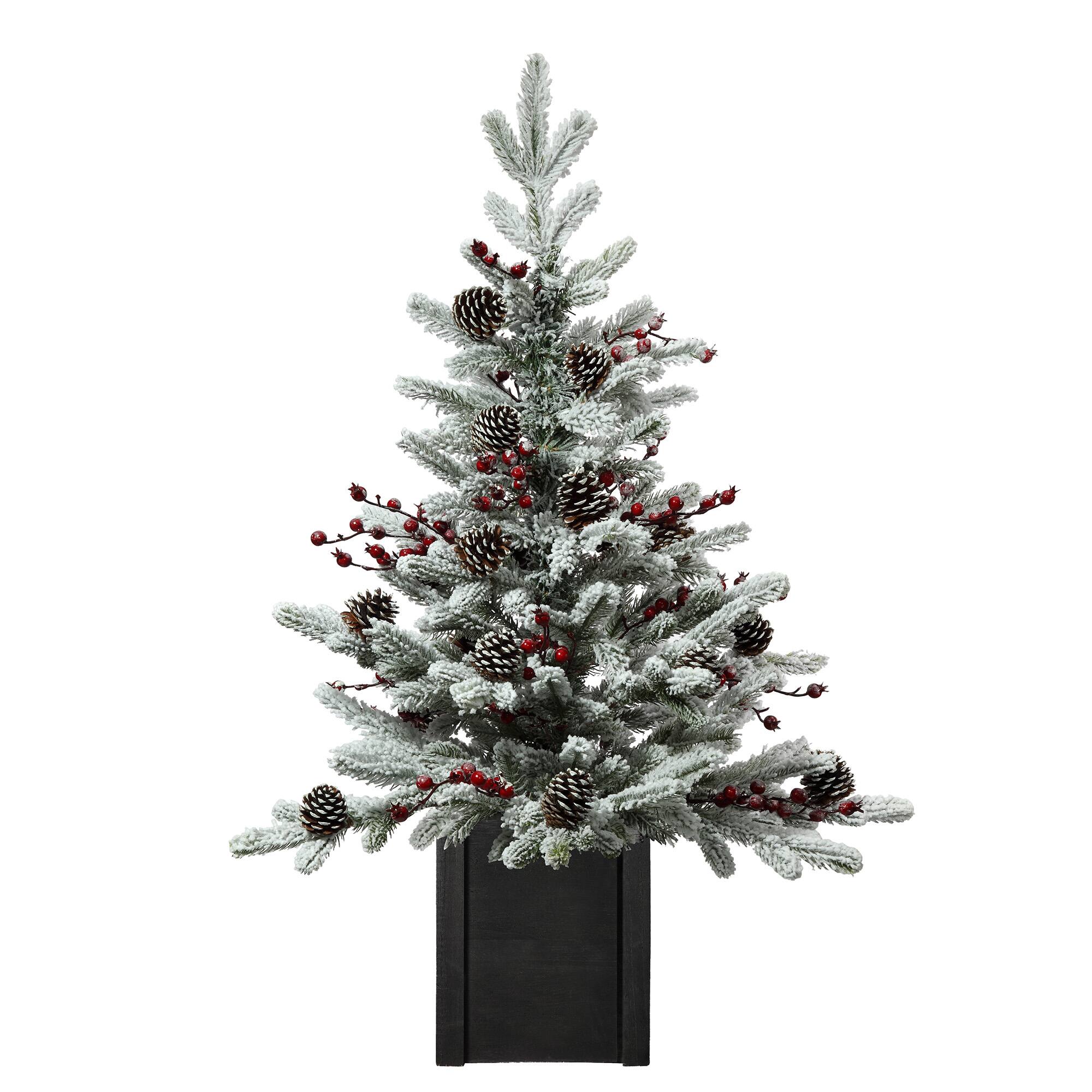 3ft. Unlit Flocked Stockhorn Fir Artificial Christmas Tree in Wooden Pot